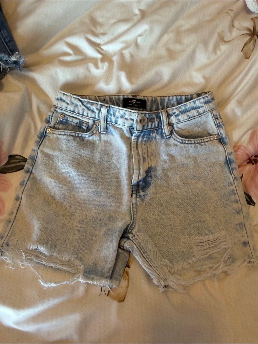7 For All Mankind Light Blue Acid Wash Denim Shorts